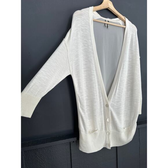 Guess Ivory Lightweight Sheer Back Deep V Cardigan Sweater Size Small - Picture 3 of 10
